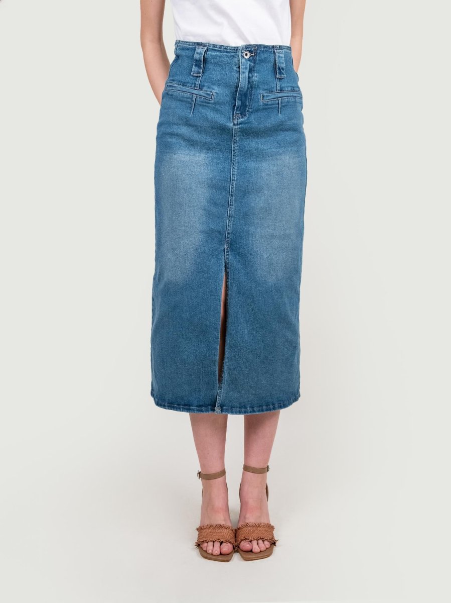 GONNA DI JEANS MIDI CON MAXI SPACCO FRONTALE