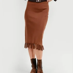 GONNA MIDI IN MAGLIA CON FRANGE CACAO