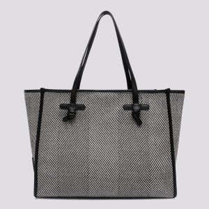 Shopping Marcella in tessuto spiga nero bianco