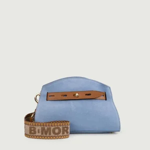 BORSA A TRACOLLA IN CAMOSCIO AZZURRO CON INSERTI IN PELLE CUOIO "SOPH"