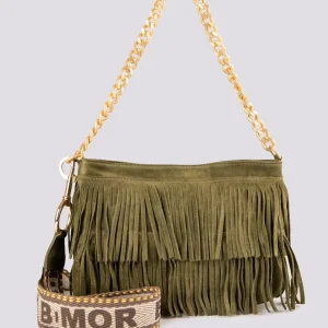 Borsa a tracolla in camoscio con frange verde militare Jigly
