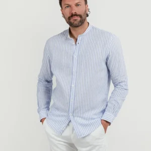 Camicia alla coreana a righe bianche e azzurre