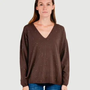 MAGLIA OVER A V MARRONE CON STRASS