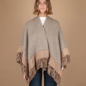 SCIALLE IN LANA CAMMELLO CON PROFILI E FRANGE IN CAMOSCIO BEIGE