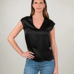 BLUSA CON SCOLLO A V E MANICA CORTA IN RASO NERA
