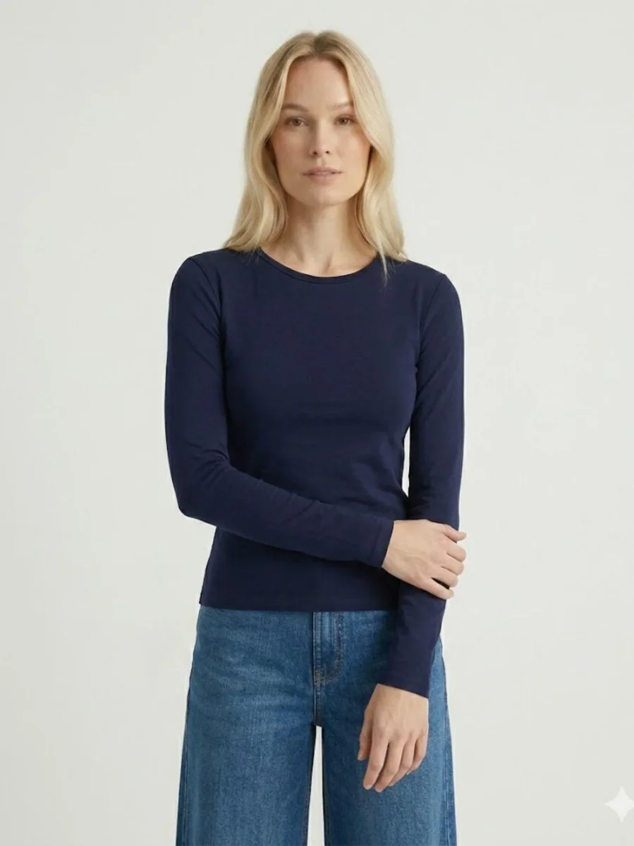 T-shirt manica lunga girocollo in cotone blu