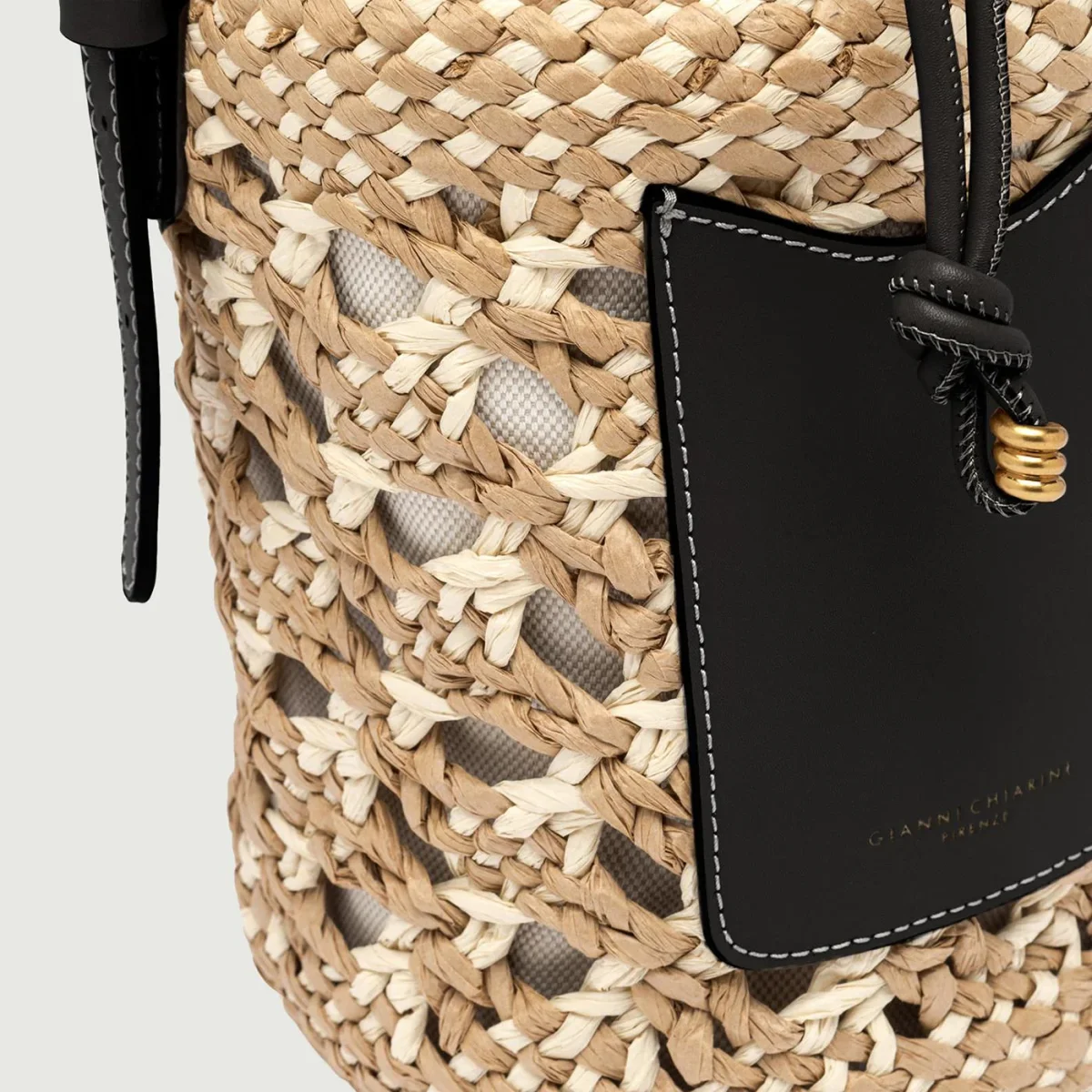 SECCHIELLO SAONA MEDIUM IN PAGLIA CON DETTAGLI IN PELLE NERA - immagine 6