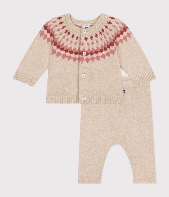 Set 2 pezzi in maglia beige motivo rosa - immagine 3