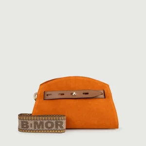 BORSA A TRACOLLA IN CAMOSCIO ARANCIONE CON INSERTI IN PELLE CUOIO "SOPH"