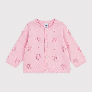 Cardigan in maglia traforata a cuori rosa