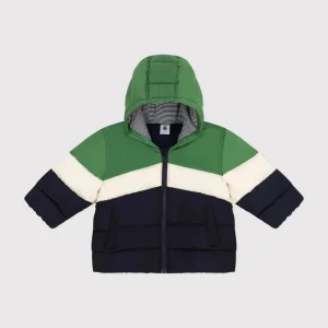 Piumino color block verde, crema e blu con cappuccio