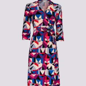 Abito kimono in fantasia geometrica viola multicolor