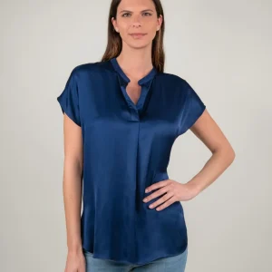 BLUSA A MANICA CORTA IN RASO BLU