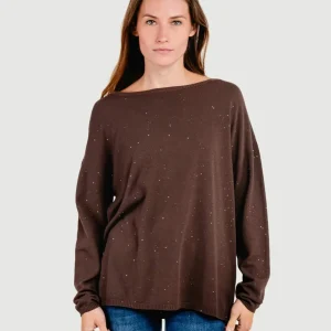 MAGLIA OVER MARRONE CON STRASS