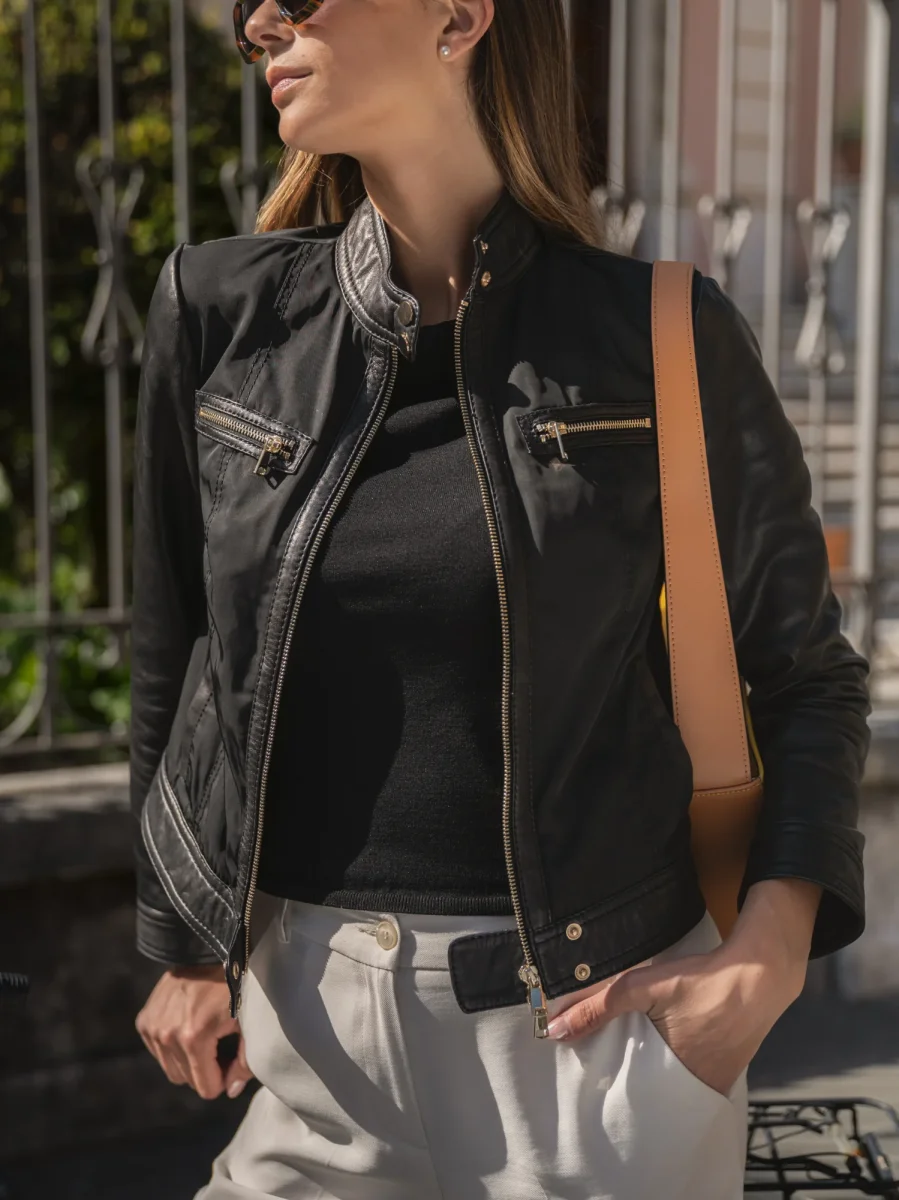 GIUBBOTTO MODELLO BIKER IN PELLE E NYLON NERO - immagine 7