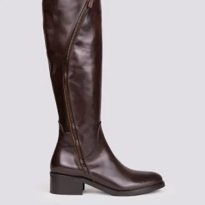 STIVALE ALTO CON ZIP ASIMMETRICHE IN PELLE MARRONE