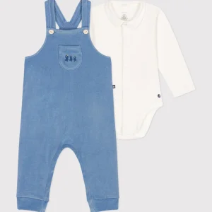 Completo salopette blu fantasia pulcini in velluto bebè