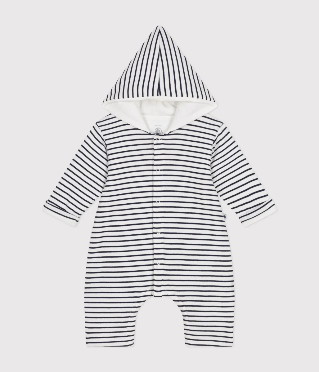 Tutina a righe lunga bebè in ovattina con cappuccio in cotone