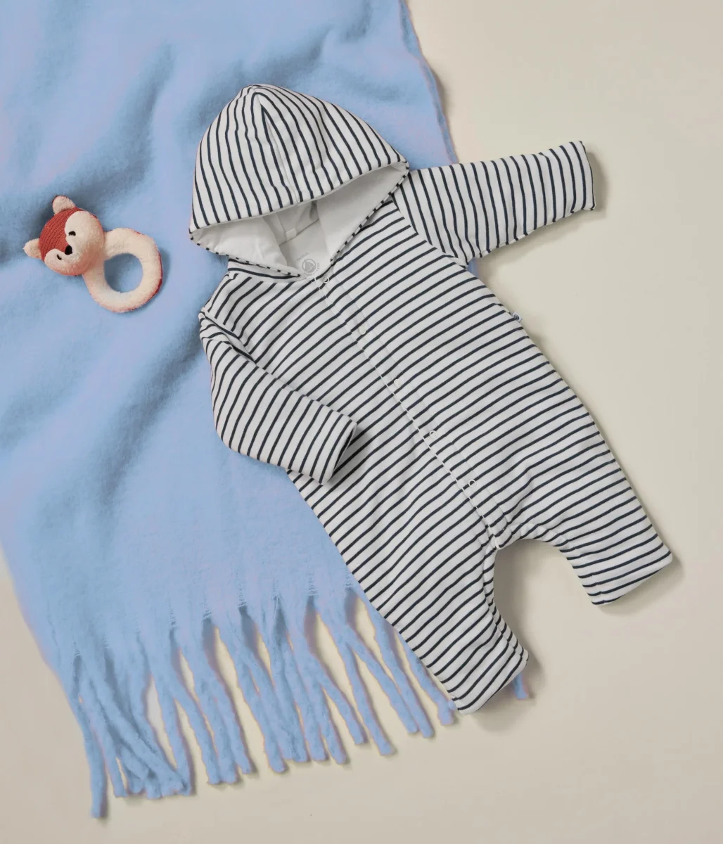 Tutina a righe lunga bebè in ovattina con cappuccio in cotone - immagine 6