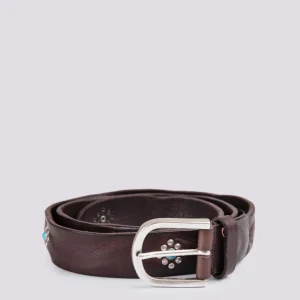 Cintura in pelle marrone effetto vintage con borchie