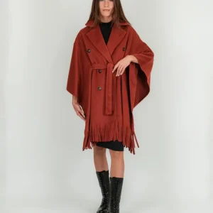 Cappotto mantella con frange mattone