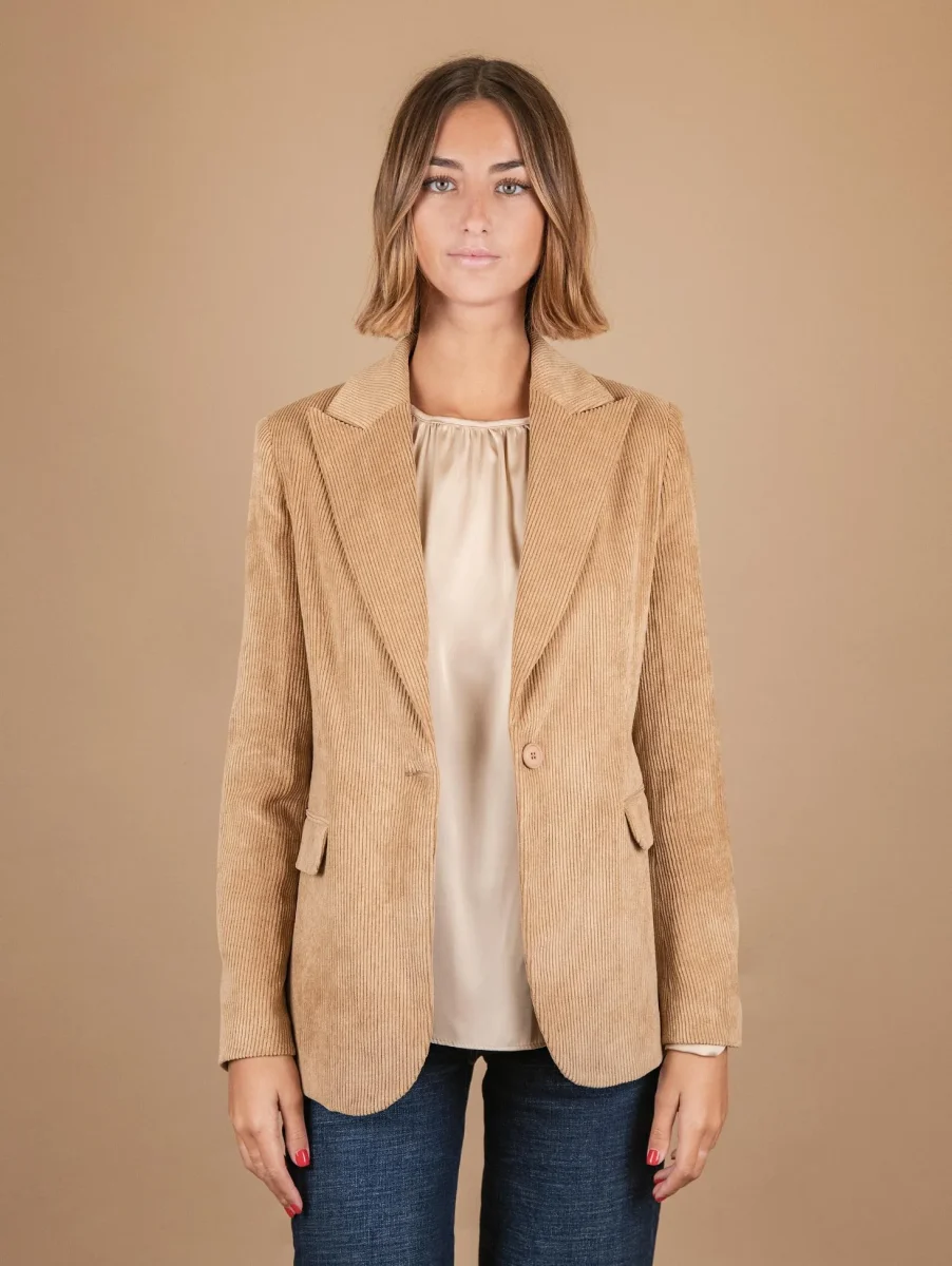 BLAZER MONOPETTO IN VELLUTO A COSTE BEIGE - immagine 5