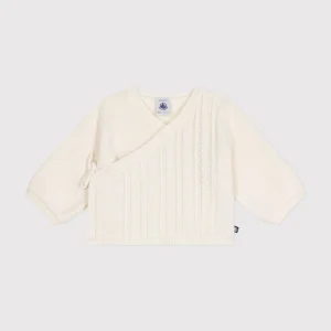 Cardigan con trecce in lana e cotone crema