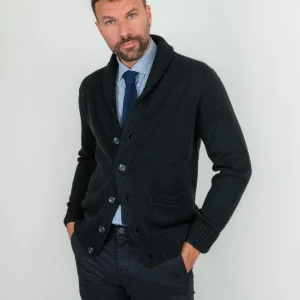 Cardigan blu in misto lana con collo a scialle