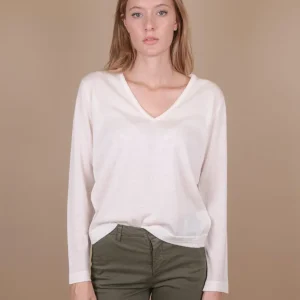 MAGLIA con SCOLLO a V in lana merino extra fine ecru