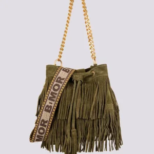 BORSA A SECCHIELLO CON FRANGE IN CAMOSCIO VERDE MILITARE "WILD"