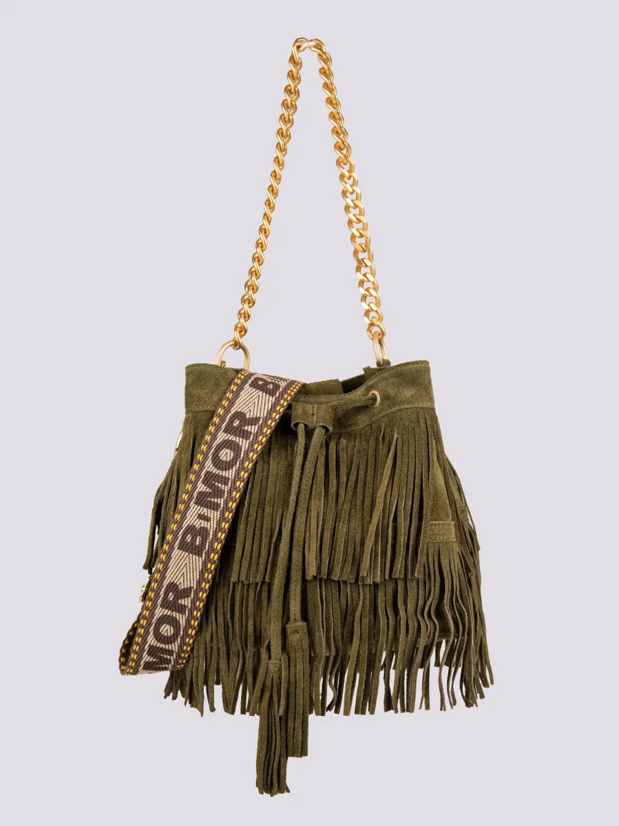 BORSA A SECCHIELLO CON FRANGE IN CAMOSCIO VERDE MILITARE "WILD"