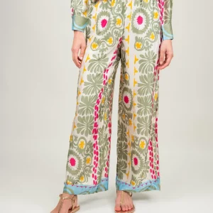 PANTALONE A PALAZZO FANTASIA SALVIA GIALLO E ROSA