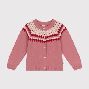 Cardigan in maglia jacquard rosa di lana e cotone