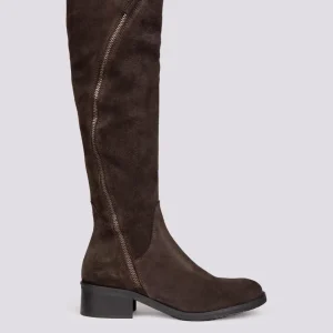 STIVALE ALTO CON ZIP ASIMMETRICHE IN CAMOSCIO MARRONE