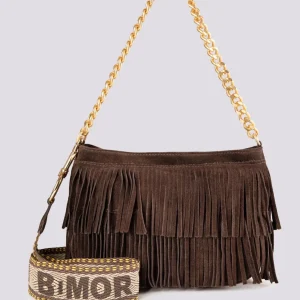 Borsa a tracolla in camoscio con frange marrone Jigly