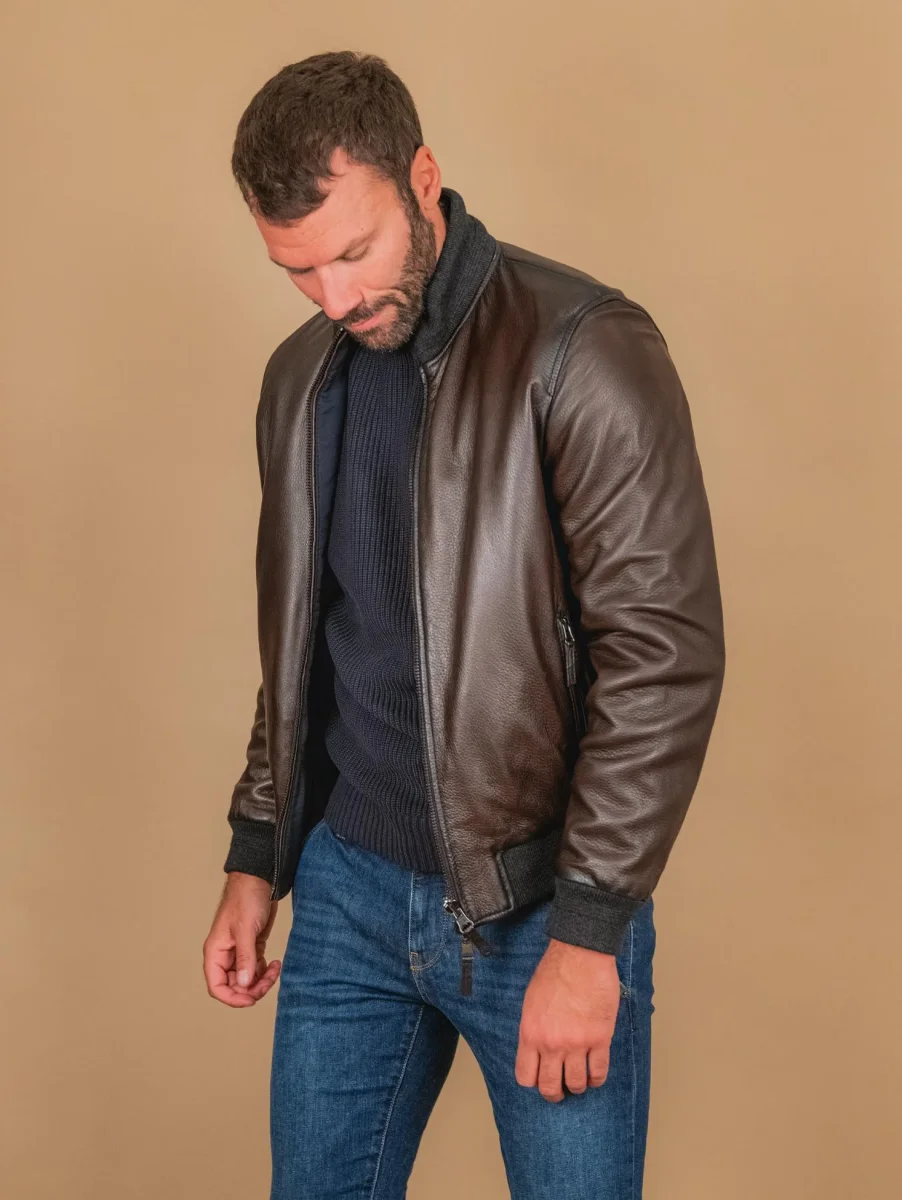 GIUBBOTTO REVERSIBILE IN PELLE MARRONE CON INSERTI IN MAGLIA "DANR" - immagine 8