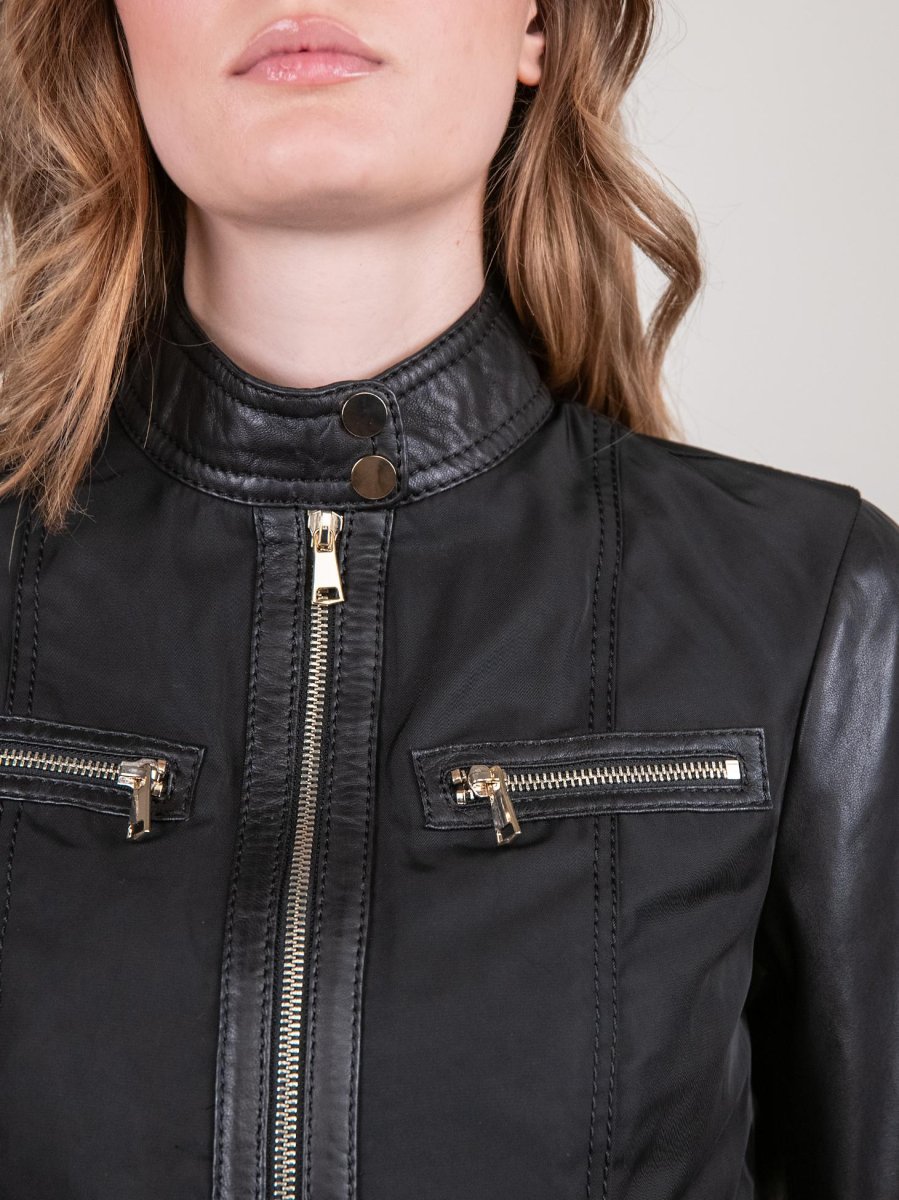 GIUBBOTTO MODELLO BIKER IN PELLE E NYLON NERO - immagine 5