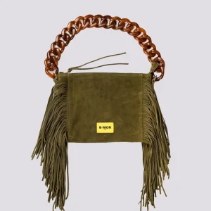 BORSA A TRACOLLA IN CAMOSCIO VERDE MILITARE  CON FRANGE "FLAPPY"