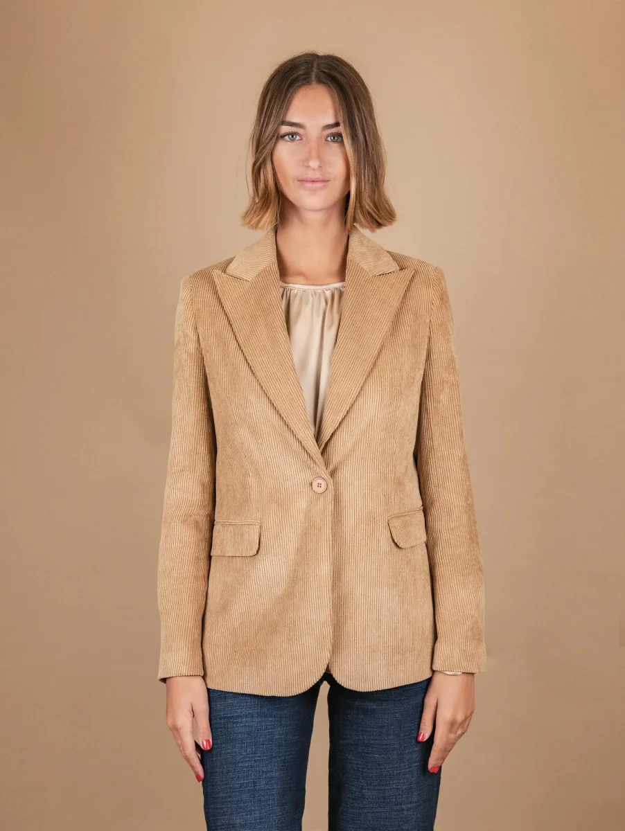 BLAZER MONOPETTO IN VELLUTO A COSTE BEIGE