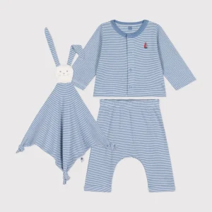 Set azzurro con doudou stampa righe
