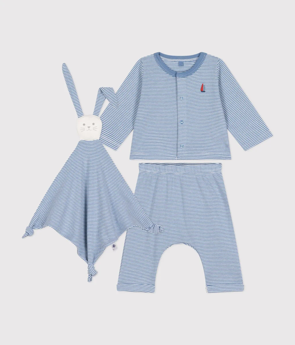 Set azzurro con doudou stampa righe