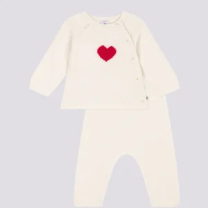 COMPLETO IN TRICOT LANA E COTONE CON MOTIVO A CUORE  BEBÈ