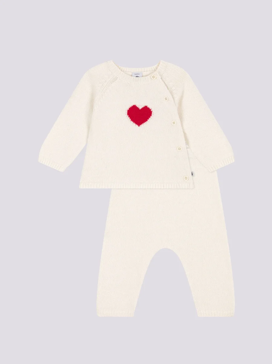 COMPLETO IN TRICOT LANA E COTONE CON MOTIVO A CUORE BEBÈ