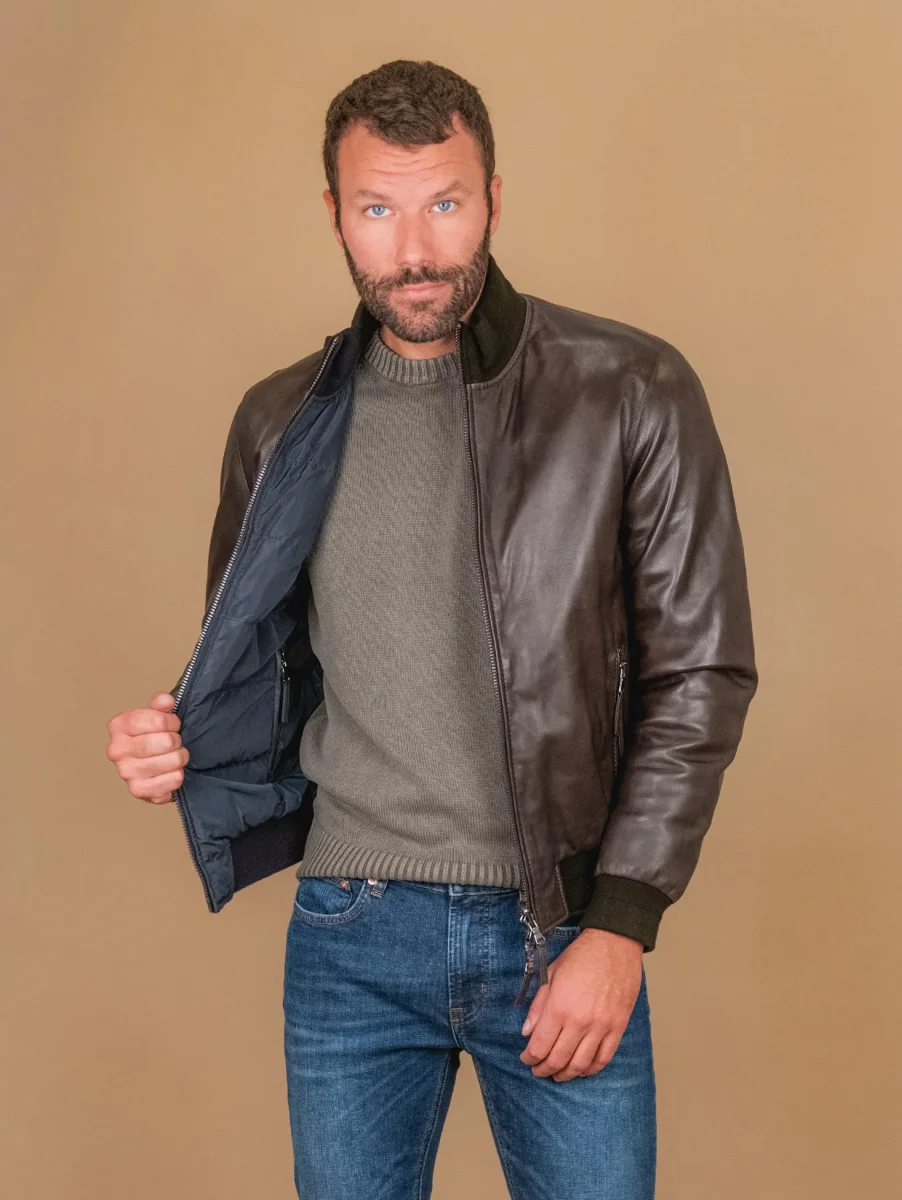 GIUBBOTTO IMBOTTITO IN PELLE NAPPA MARRONE DEREK SEAMLESS - immagine 6