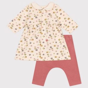 Abito bianco con stampa e leggings rosa in cotone