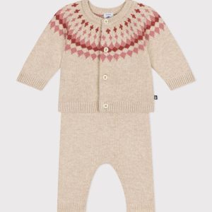 Set 2 pezzi in maglia beige motivo rosa