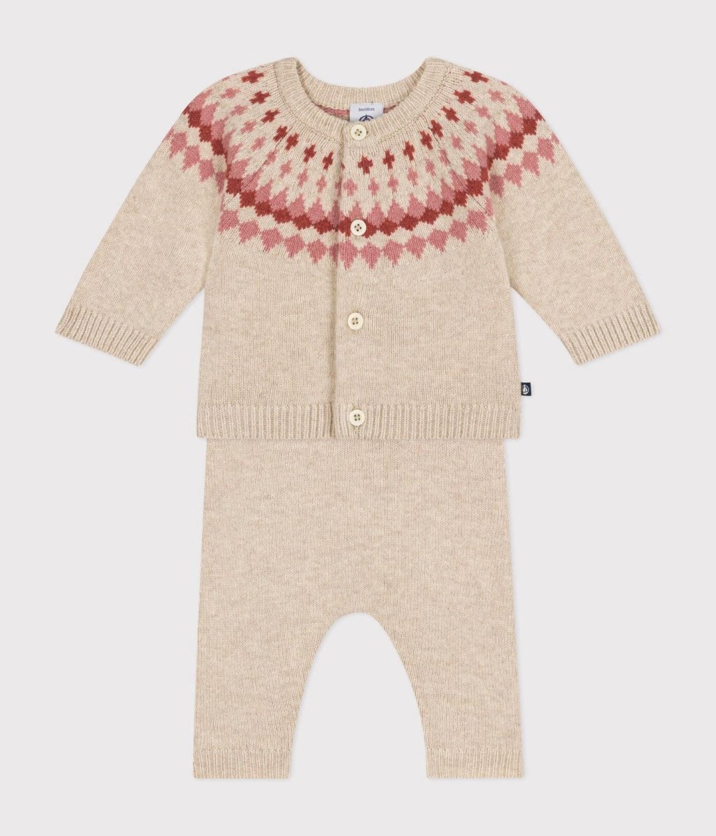 Set 2 pezzi in maglia beige motivo rosa