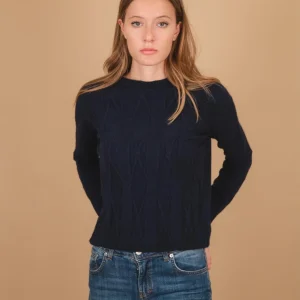 MAGLIA GIROCOLLO  CON MAXI INTRECCIO FRONTALE BLU