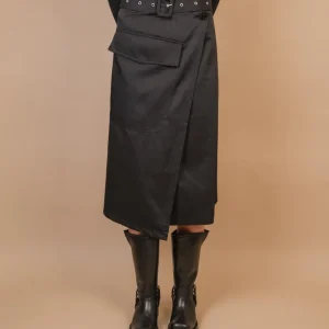 GONNA MIDI A PORTAFOGLIO IN MISTO COTONE NERA