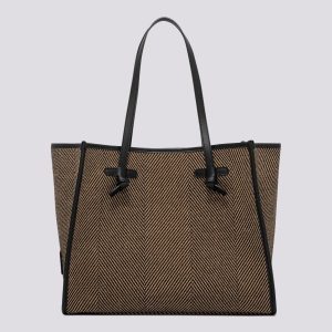 Shopping Marcella in tessuto spiga nero marrone